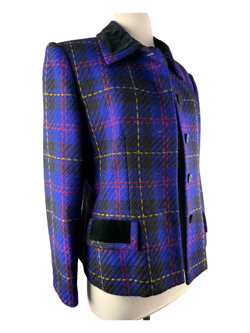 Vtg 90s Kasper Women's Wool Electric Blue Plaid Velvet Blazer Chic Structured 12